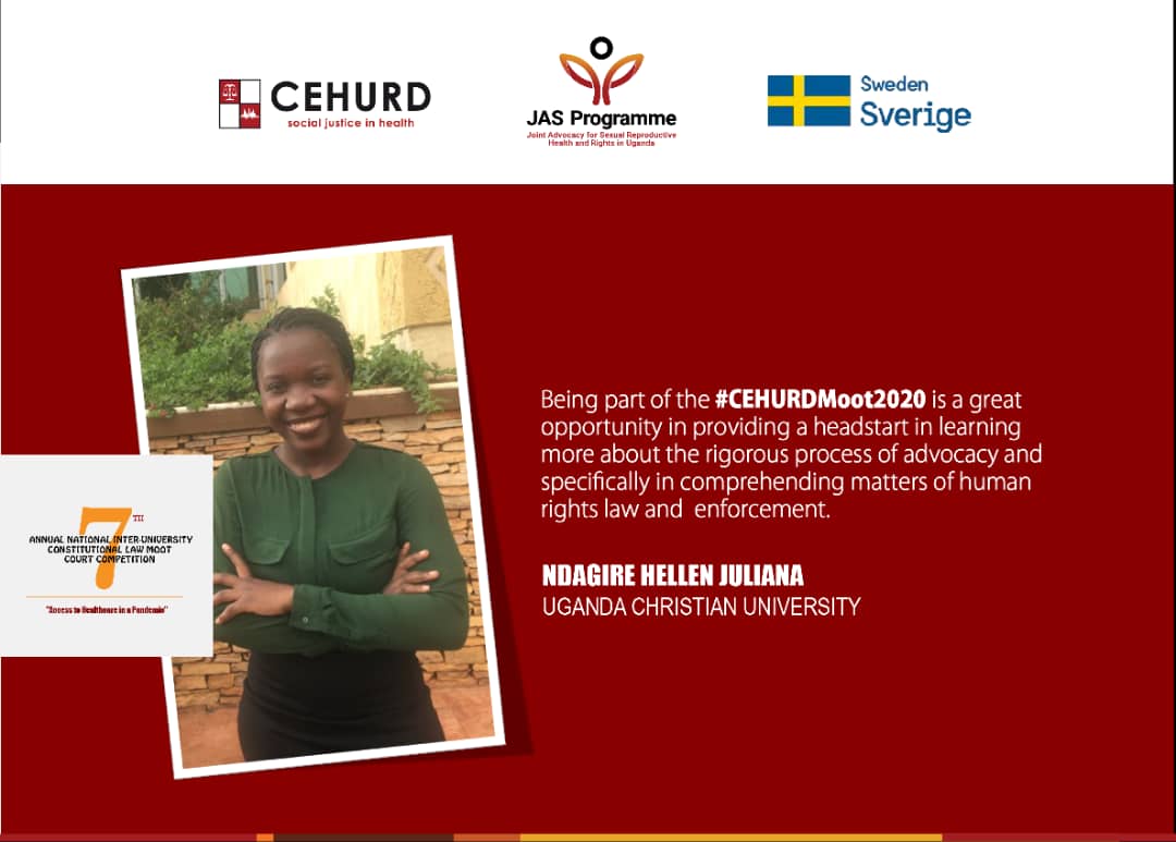 cehurduganda's tweet photo. Being part of the #CEHURDMoot2020 is a great opportunity in providing a headstart in learning more about the rigorous process of advocacy and specifically in comprehending matters of human rights law and enforcement. ~ Ndagire Hellen Juliana from @UCUniversity

#Access2HealthCare https://t.co/LdqTcpXz44