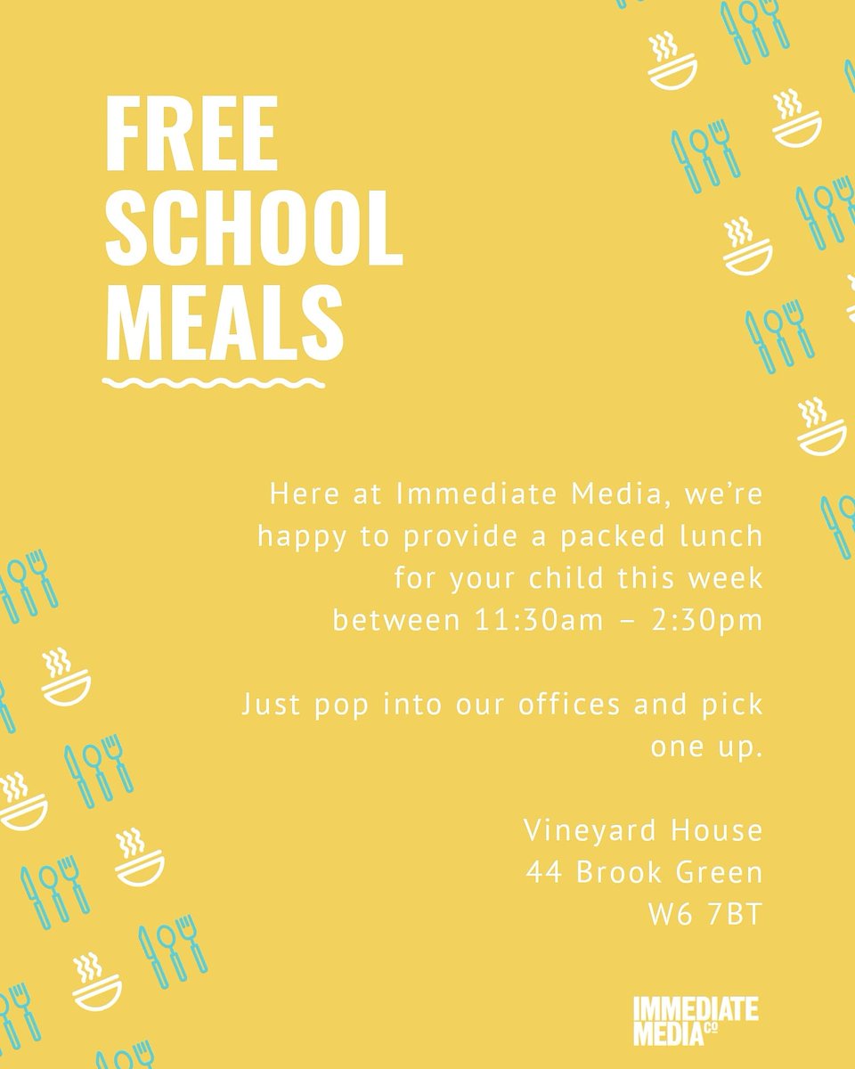 EventsatIM's tweet photo. Free school meals for anyone that needs them this half term from our offices in Hammersmith @LBHF @UNITEDinHF @MarcusRashford @dadshouseuk

Vineyard House
44 Brook Green
W6 7BT

Pop by between 11.30am - 2.30pm

#FreeSchoolMeals #MarcusRashford
#ENDCHILDFOODPOVERTY https://t.co/utaYXfPYGi