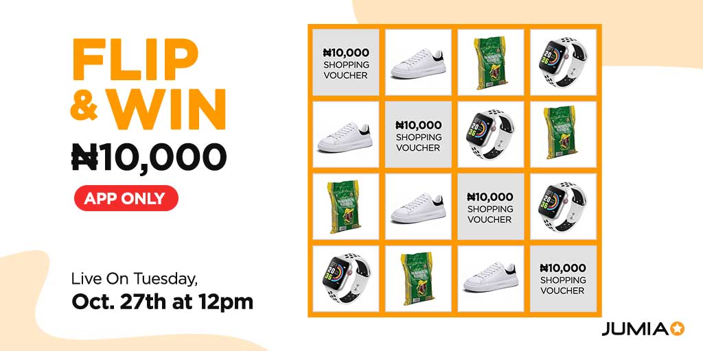 JumiaNigeria's tweet photo. Get ready to win a N10K shopping voucher in the App #FlipAndWin game @ 12pm tomorrow
Super excited! Click=>https://t.co/bKVNJSV3t8 &amp; reply with screenshots of items you love😍 all under 10k https://t.co/k4Kg7qA0rh