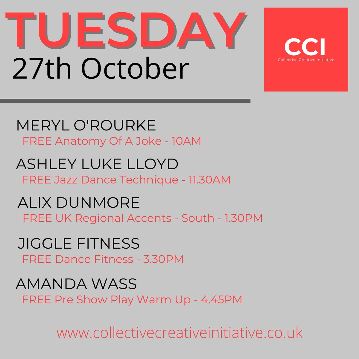 CCI2020's tweet photo. TOMORROW’S LINEUP!

10AM - @MerylORourke #comedy 
11.30Am - @KCO_Ashley #dance
1.30PM - @AlixDoesAccents #accents 
3.30PM - @LydiaShaw2 #JiggleFitness 
4.45PM - #AmandaWass #expressivemovement
#CCI2020 

Full details - https://t.co/jqQ1PsNs3s ❤️ https://t.co/umIo0anBDd