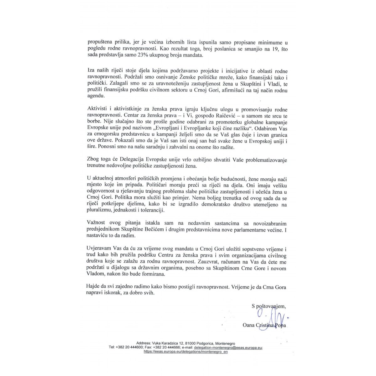 Ambasadorka #EU u Crnoj Gori <a href="/EUAmbME/">EU in Montenegro 🇪🇺</a> podržala <a href="/CZP_Cg/">Centar za ženska prava/WomensRightsCenter</a> u borbi za postizanje rodne ravnopravnosti! 
Popa: ‘Neprihvatljivo i neodrživo da više od polovine građana nije zastupljeno u izvršnoj i zakonodavnoj sferi. Nema prosperiteta bez jednakosti’.
womensrigthscenter.com