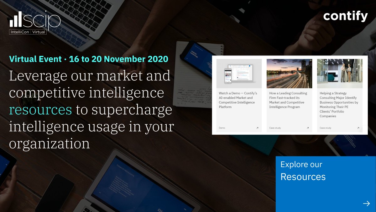 contify's tweet image. #IntelliCon2020 is almost here! Meanwhile attending IntelliCon or not, you can make the most of our available resources on Market and Competitive Intelligence here - bit.ly/3lTKYdJ

#competitiveintelligence #marketintelligence @SCIP #AI #event #contify #SCIP