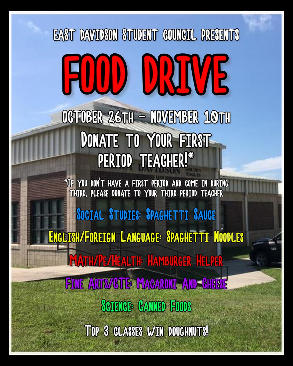 EDHS Student Council Food Drive - EDHS Student Council is holding a food drive from Oct. 26 - Nov. 10. Bring in the designated items to your 1st-period teacher. The top 3 classes with the most donations will win doughnuts! http://ed edl.io/n1324620