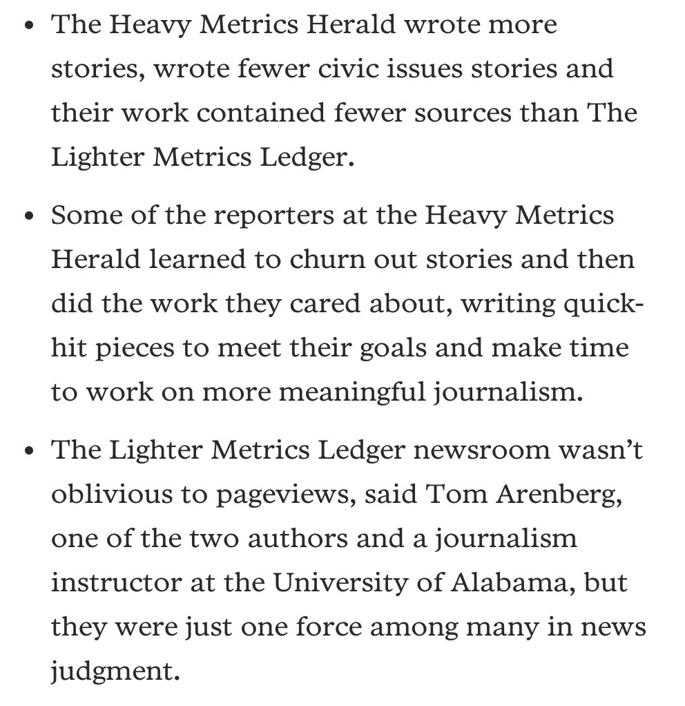 One study that shows this came from  @TomArenberg and Wilson Lowery. They studied two newsrooms - one that had company-wide analytics goals and one that used analytics as one of many tools. The newsrooms were anonymized. The findings: