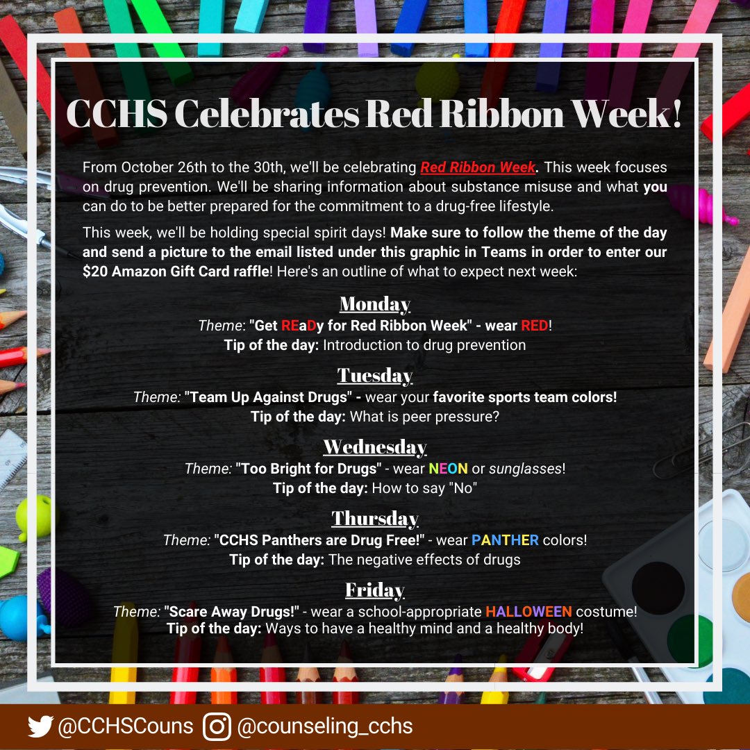 CchsCouns's tweet photo. It’s Red Ribbon Week! Don’t forget to wear your RED ❤️ today!! https://t.co/T4dwBmRgqT