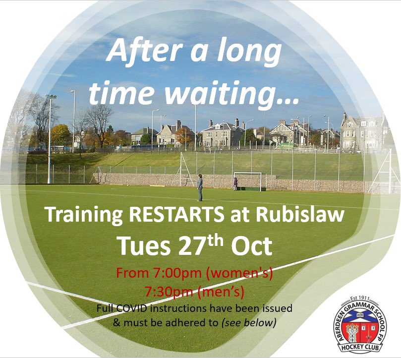 Finally we have access to Rubislaw again. Training starts this Tues 27th Oct

Women on from 7, men 7:30.

Full COVID instructions to be followed. Please DM if you have not received &amp; are planning to attend.
 
...it’s great to issue this update after such a longtime away! 🎉😷🏑