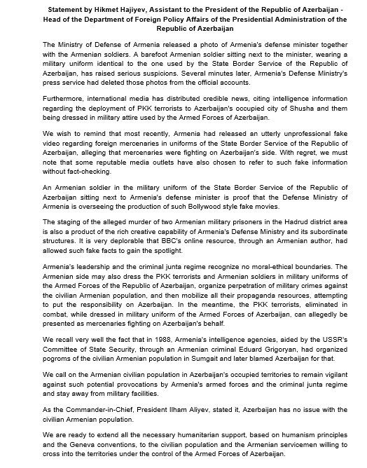 HikmetHajiyev's tweet photo. 1. We are ready to extend all the necessary humanitarian support, based on humanism principles and the Geneva conventions, to the civilian population and the Armenian servicemen willing to cross into the territories under the control of the Armed Forces of Azerbaijan. https://t.co/a3wqXtxuSn