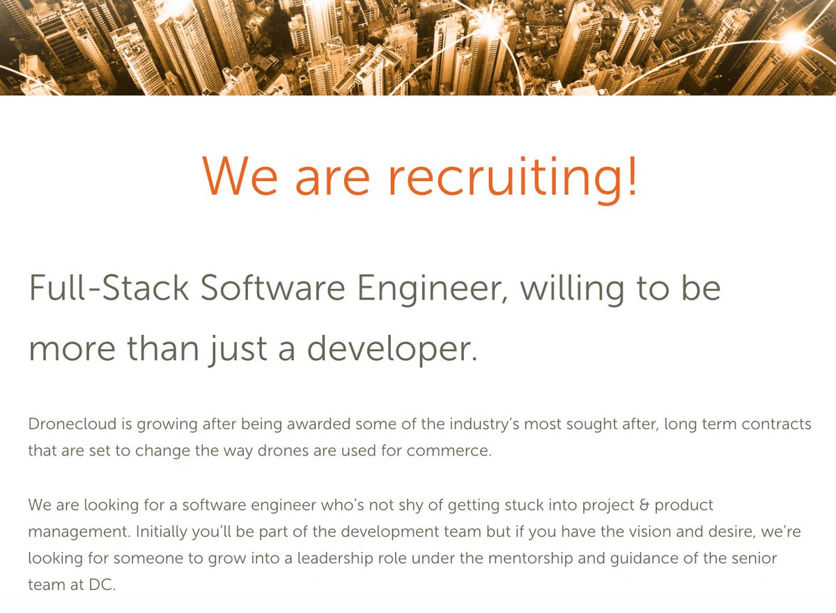 We are recruiting!

We’re growing and taking on some very exciting projects. This is your chance to help us shape the Drone Industry.

Full-Stack Software Engineer, willing to be more...

Find out more: dronecloud.io/careers

#dronecloudhq #recruiting  #softwareengineer