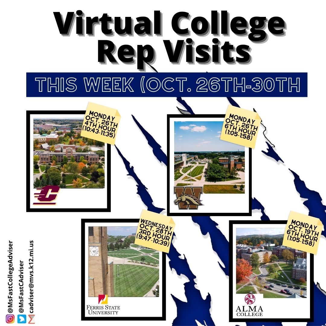 MsFastCAdviser's tweet photo. Virtual Rep Visits THIS WEEK!!!!
Use the links to log in at the appropriate time! Or check google classroom for the links also!
•
Monday:
💛CMU: https://t.co/4aJD4xJlDq
🐴WMU: https://t.co/YN3Johuh9C 
Wednesday:
🐶FSU: https://t.co/mNctSRZWiL
❤️Alma: https://t.co/iRAYVznrgO https://t.co/EjCJYpUk4J