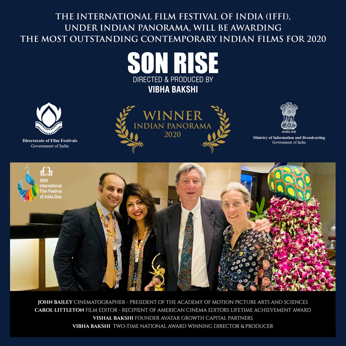 Thank you Information &amp; Broadcasting Ministry &amp; DFF for this recognition. with John Bailey, Head of Int’l Jury &amp; President Academy of Motion Pictures Arts and Sciences and his highly accomplished wife who has edited epic films Steven Spielberg’s E.T. at  #IFFI50  <a href="/dff_india/">DFF India</a>
