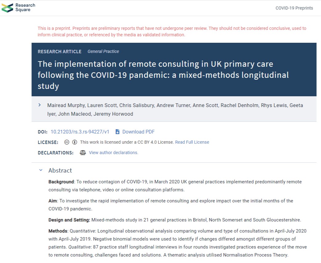 capcbristol's tweet photo. The #RAPCIStudy pre-print paper has been published, detailing how GP practices have responded to the #COVID19 pandemic, how well that's worked & implications for the future of #generalpractice.
https://t.co/JGktOCrPXw
@mairead_murf @JPHorwood @prof_tweet
#primarycare https://t.co/2KL6WK4BzA