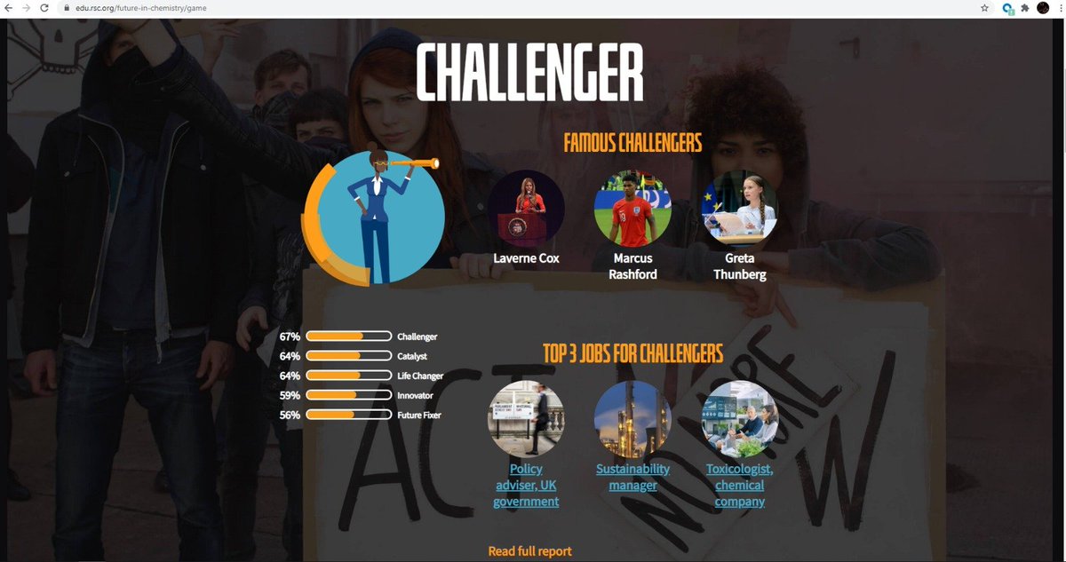 RSC_SEastEC's tweet photo. Have your students tried our interactive Future in Chemistry quiz yet? https://t.co/7tssDluQyB

Alissa is a 'Challenger' - some pretty strong icons to live up to there... @Lavernecox @MarcusRashford @GretaThunberg #fixingthefuture https://t.co/Mn1XDPWu1S