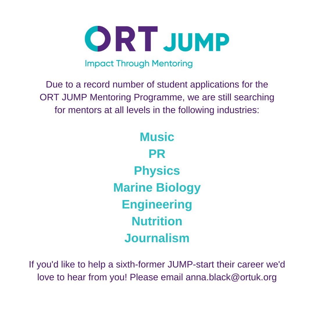 ORT_UK's tweet photo. We're searching for #mentors! Please get in touch if you can help. You can read more about ORT JUMP here: https://t.co/YioU7Z80aQ  #mentoring #year12 #sixthformers #careersadvice #impactthroughmentoring #educationcharity https://t.co/48GywsIEF2