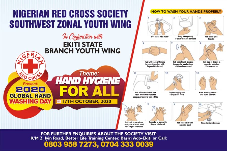 MICHAELSEGZY's tweet photo. #TB The Nigerian Red Cross Society (NRCS), Ekiti State Youth Wing hosted the NRCS, South-West Youth Wing for a walk & handwashing sensitization exercise in commemoration of #globalhandwashingday2020 at Ado-Ekiti, Nigeria. @nrcs_ng @ICRC_Africa @ICRC_AfricUnion @ICRC
1/3 https://t.co/Fbbg8BH203