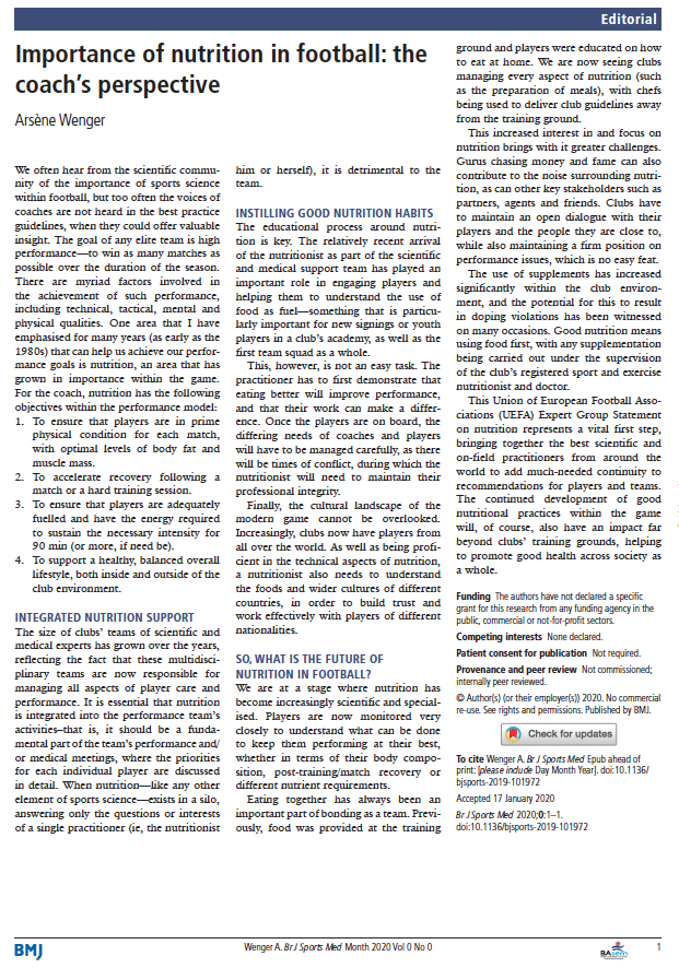 Dr James Morehen (@james_morehen) on Twitter photo So refreshing to read this from ArsĆØne Wenger in <a href="/BJSM_BMJ/">British Journal of Sports Medicine (BJSM)</a>
...ensure players are in prime physical condition with optimal body fat & muscle mass, accelerate recovery, ensure adequate fuel, support a healthy, balanced lifestyle, the educational process around nutrition is key... So refreshing to read this from ArsĆØne Wenger in <a href="/BJSM_BMJ/">British Journal of Sports Medicine (BJSM)</a>
...ensure players are in prime physical condition with optimal body fat & muscle mass, accelerate recovery, ensure adequate fuel, support a healthy, balanced lifestyle, the educational process around nutrition is key...