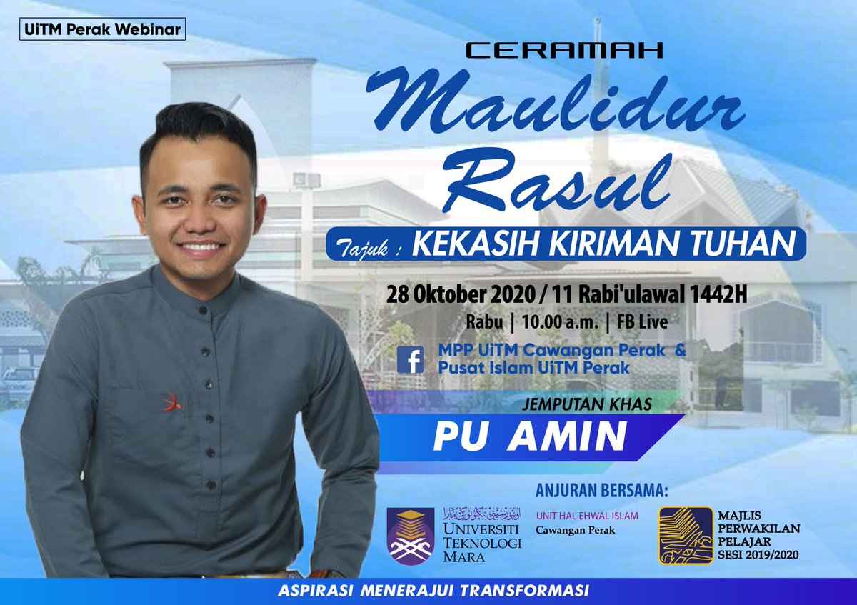 mppuitmtapah's tweet photo. | CERAMAH MAULIDUR RASUL |
Kekasih Kiriman Tuhan oleh PU Amin. Pada 28 Oktober 2020, jam 10 pagi secara langsung melalui FB MPP UiTM Cawangan Perak.
Semua dijemput hadir! ✨
#UiTMdiHatiku #KitaUiTM #AspirasiMenerajuiTransformasi #UiTMPerak #MPPPerak #MPPUiTM https://t.co/nmU8myEj9S
