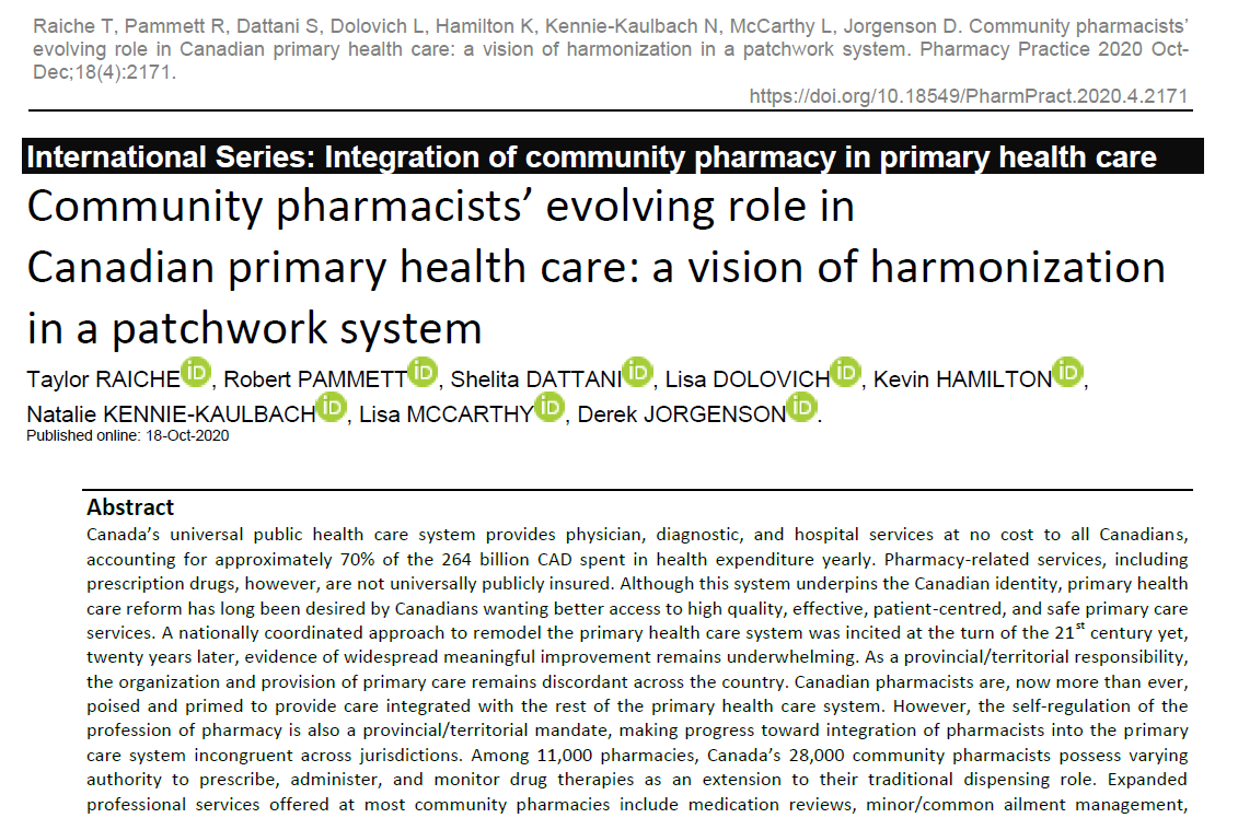 PharmPract's tweet photo. Community pharmacists’ evolving role in Canadian primary healthcare

Expanded professional services are offered at Canadian community pharmacies. A small, but growing, number of pharmacists are working within interdisciplinary primary care teams. 

https://t.co/XiBfy0oxp1 https://t.co/ZbTfGzMQI7