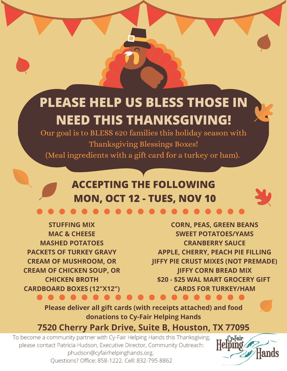 We are going to focus on bringing the following items, but feel free to bring additional items.

Boxes of Stuffing Mix, Instant Potatoes, Gravy Mix and Wal-Mart gift cards

We will put a box in the coach's office to collect the items.