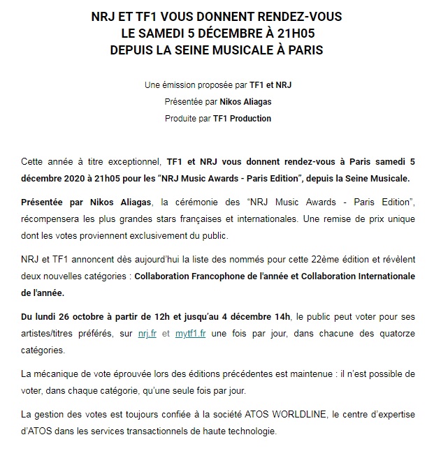 The_best_man_57's tweet image. #NMA #ParisEdition Découvrez la liste définitive des nommés et votez dès aujourd’hui pour vos artistes préférés  
Rdv le samedi 05/12 à 21:05 sur @NRJhitmusiconly et 
@TF1, présenté par @nikosaliagas depuis @LaSeineMusicale