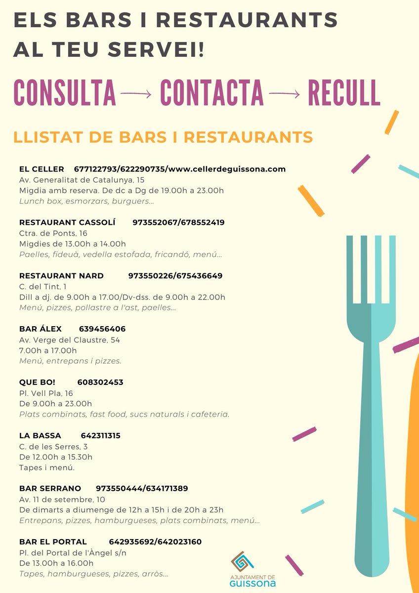 AJGuissona's tweet photo. Els bars i restaurants de #Guissona, al teu servei! Consulta la carta, contacta-hi i recull! #restauració #covid19 https://t.co/0eqEipt9jc