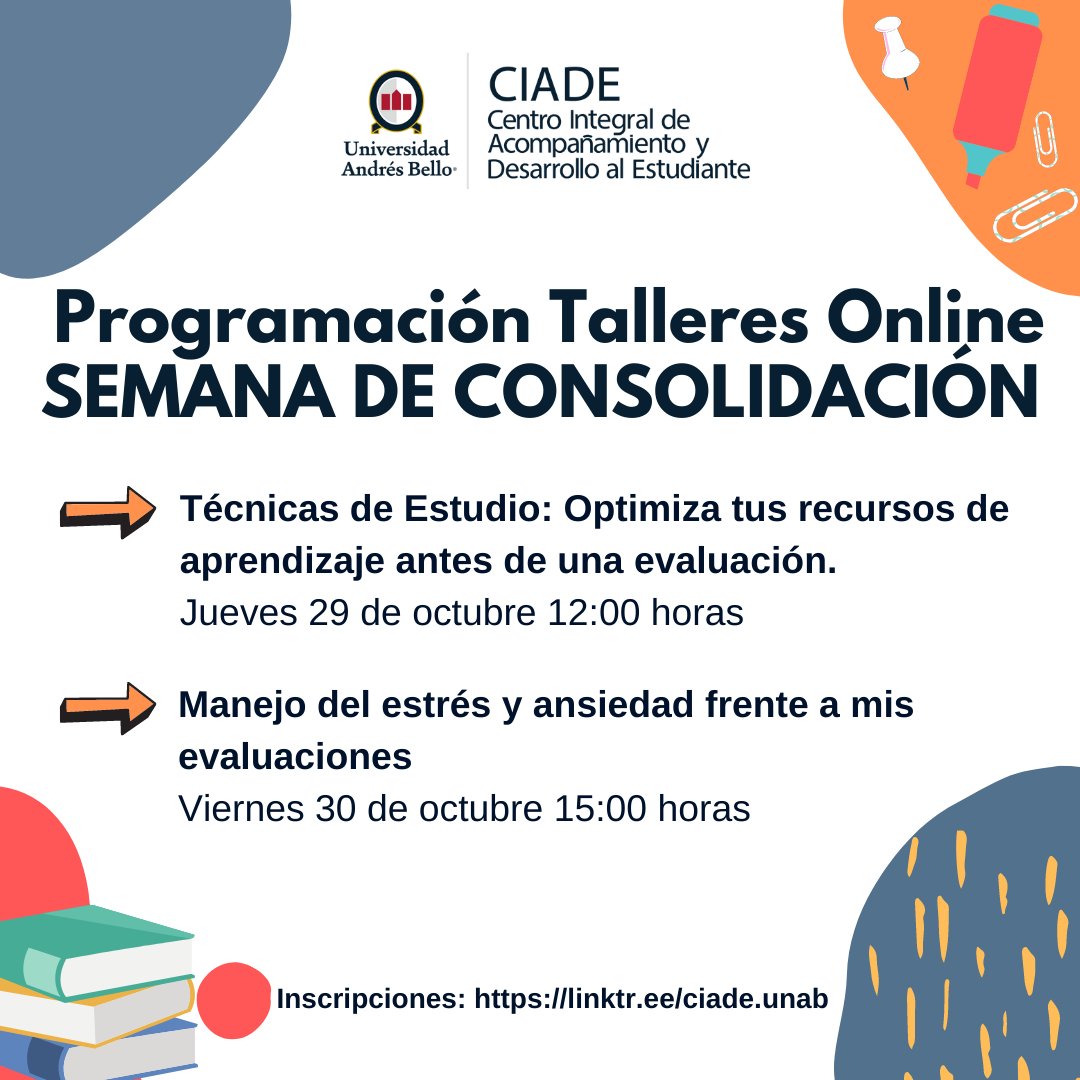 uandresbello's tweet photo. ¡Muy buenos días, queridos unabinos! Comenzamos la semana invitándolos a participar de las actividades #CIADE, donde se podrán realizar talleres psicoeducativos programados para nuestra comunidad.
Más información aquí 👉 https://t.co/9YDu9kvGJn #LaUNABsomostodos https://t.co/xJXU7rXEo9