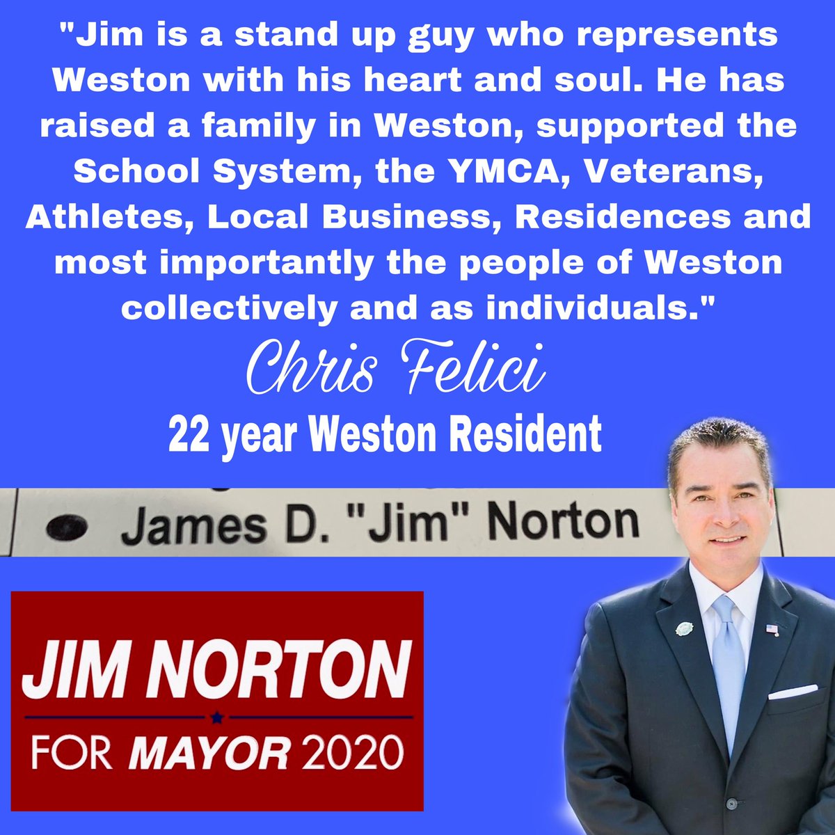 #NortonInNovember
#JimNorton #VoteJimNorton #WestonMayor
#Weston #WestonFlorida
#WestonianParty
#JimNorton2020
#MunicipalExperience #CommunityService #Leadership #Vote2020 #NonPartisan

Approved by Jim Norton for Mayor