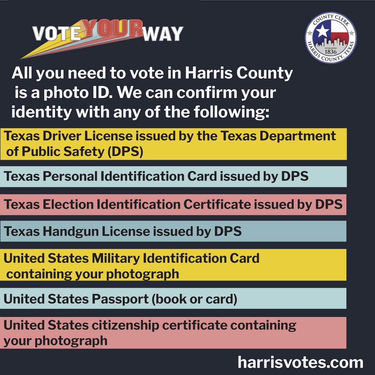 You only need one form of ID to vote. Your driver’s license works just fine, but there are other options.  https://www.harrisvotes.com/VotingInfo?lang=en-US#IDs  #HarrisVotes