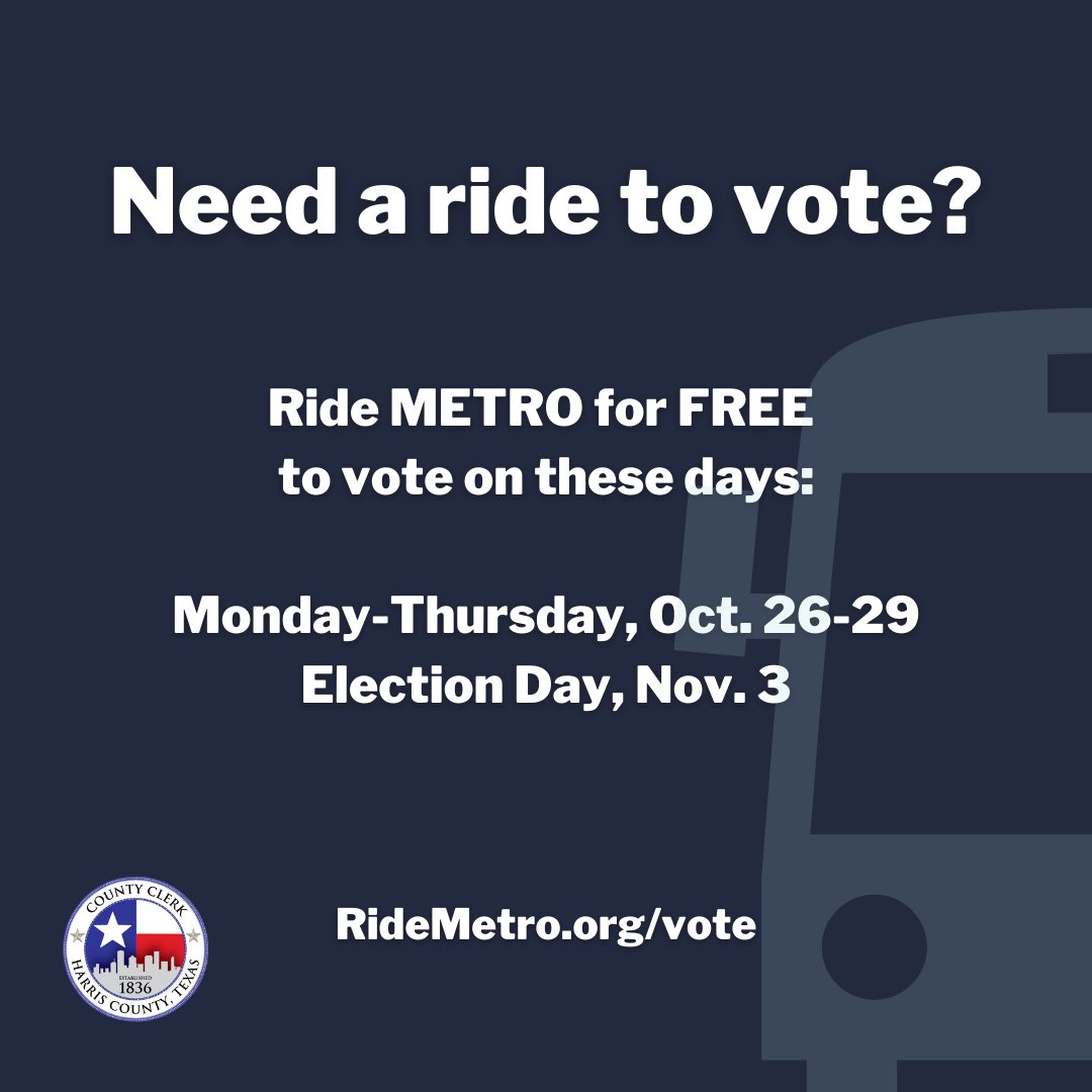 Thanks to  @METROHouston for offering free rides to and from polling locations today through Thursday and on Election Day. Visit  http://RideMetro.com/Vote  for more information.  #HarrisVotes
