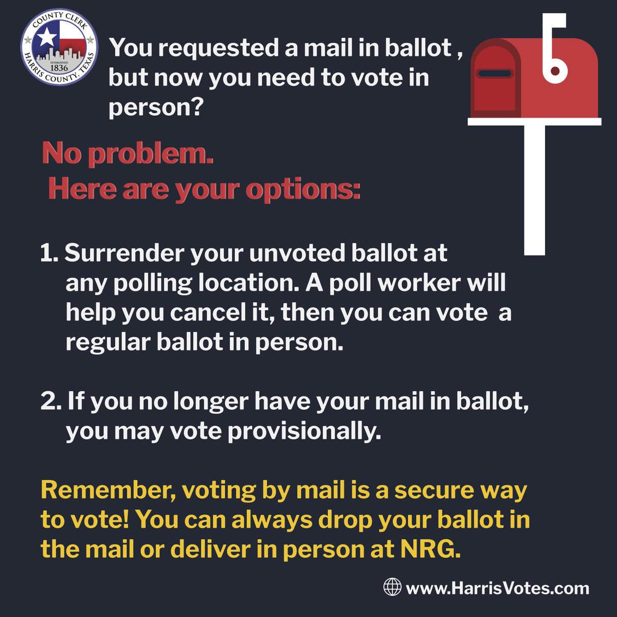 If you no longer wish to Vote by Mail, but applied for a ballot, bring the ballot with you to vote and surrender it to the election clerk, then vote in-person at the location.  #HarrisVotes