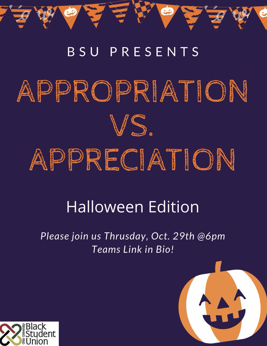 While spooky season is upon us, please join us Thursday, October 29th at 6pm to discuss the history of Halloween and what is considered an appropriate costume and what is not. The link to the Teams meeting will be in our bio. Can’t wait to see you all there!