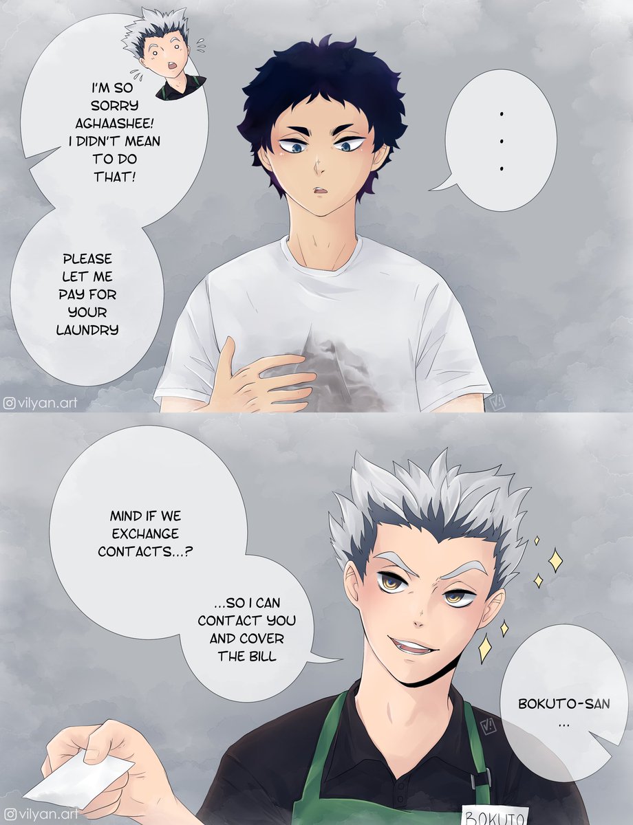 Part 4. 
We all know Akaashi is a saint, but everyone has their limits. Cold coffee on white t-shirt right before lecture? Please. Send help.
How. To. Fix. This? ?
???
#haikyuu #BokuAka #akaashikeiji #bokutokoutarou 