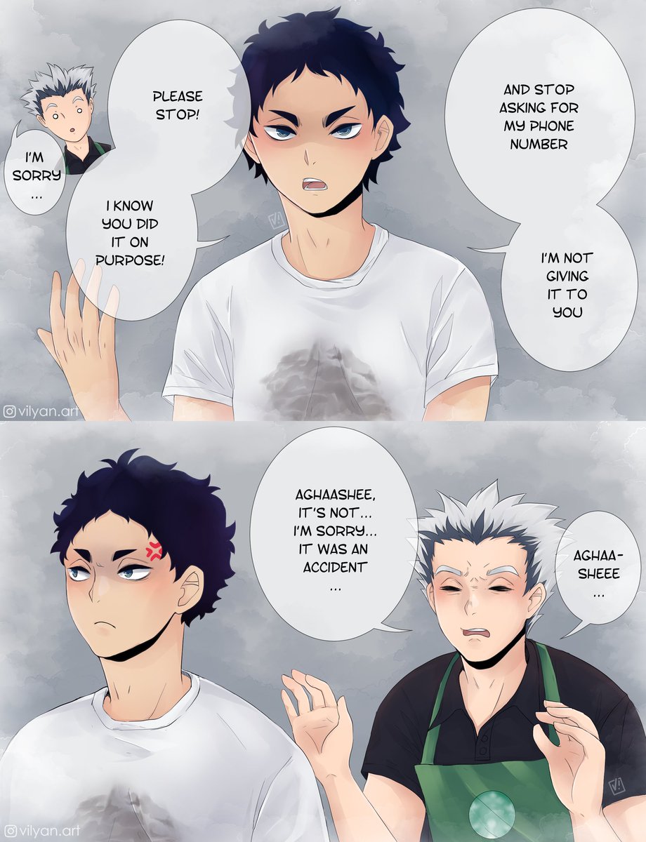 Part 4. 
We all know Akaashi is a saint, but everyone has their limits. Cold coffee on white t-shirt right before lecture? Please. Send help.
How. To. Fix. This? ?
???
#haikyuu #BokuAka #akaashikeiji #bokutokoutarou 