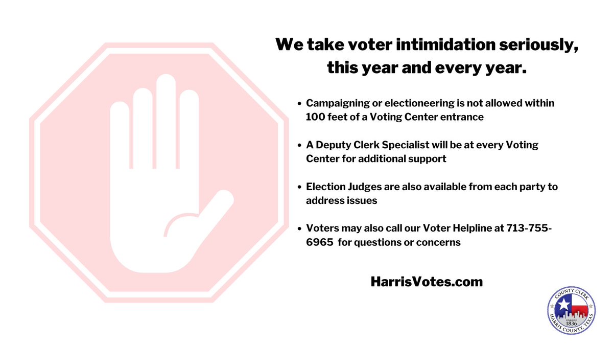 Voter intimidation is not allowed inside or outside Voting Centers. If you have concerns, raise them with the officials at the Voting Center or call our Voter Helpline at 713-775-6965.  #HarrisVotes