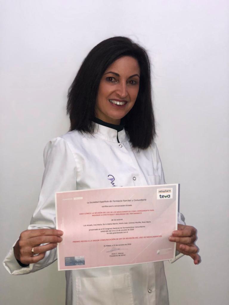 SEFAC_aldia's tweet photo. Ana María Luis Amado es la primera autora de la comunicación ganadora en la categoría 'Mejor comunicación de SPFA en revisión del uso de los medicamentos' en el congreso #SEFACvirtual2020. Nuestra enhorabuena tanto a ella como al resto de autores https://t.co/e9T82JlfFO