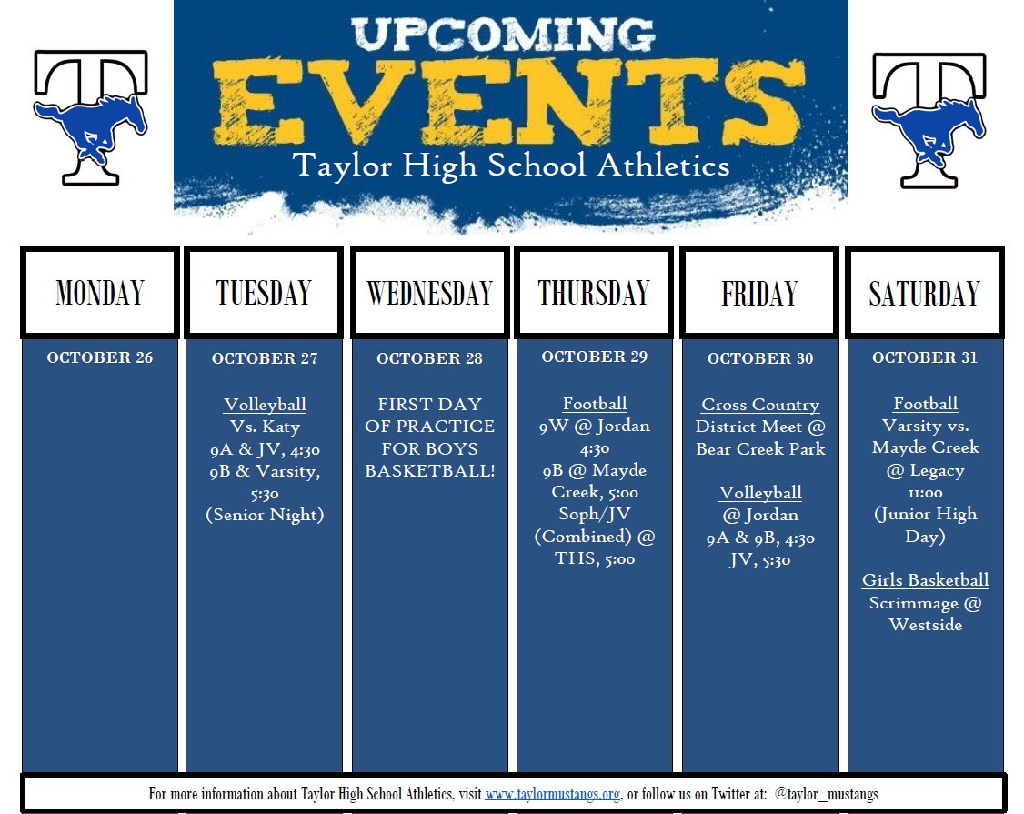 This week kicks off the boys basketball🏀season, and later in the week, our cross country🏃‍♂️🏃‍♀️teams finish up their regular season.  Good luck to all Mustang🐴athletes competing this week! 💙 #BLUE #bethere #showyoursupport
