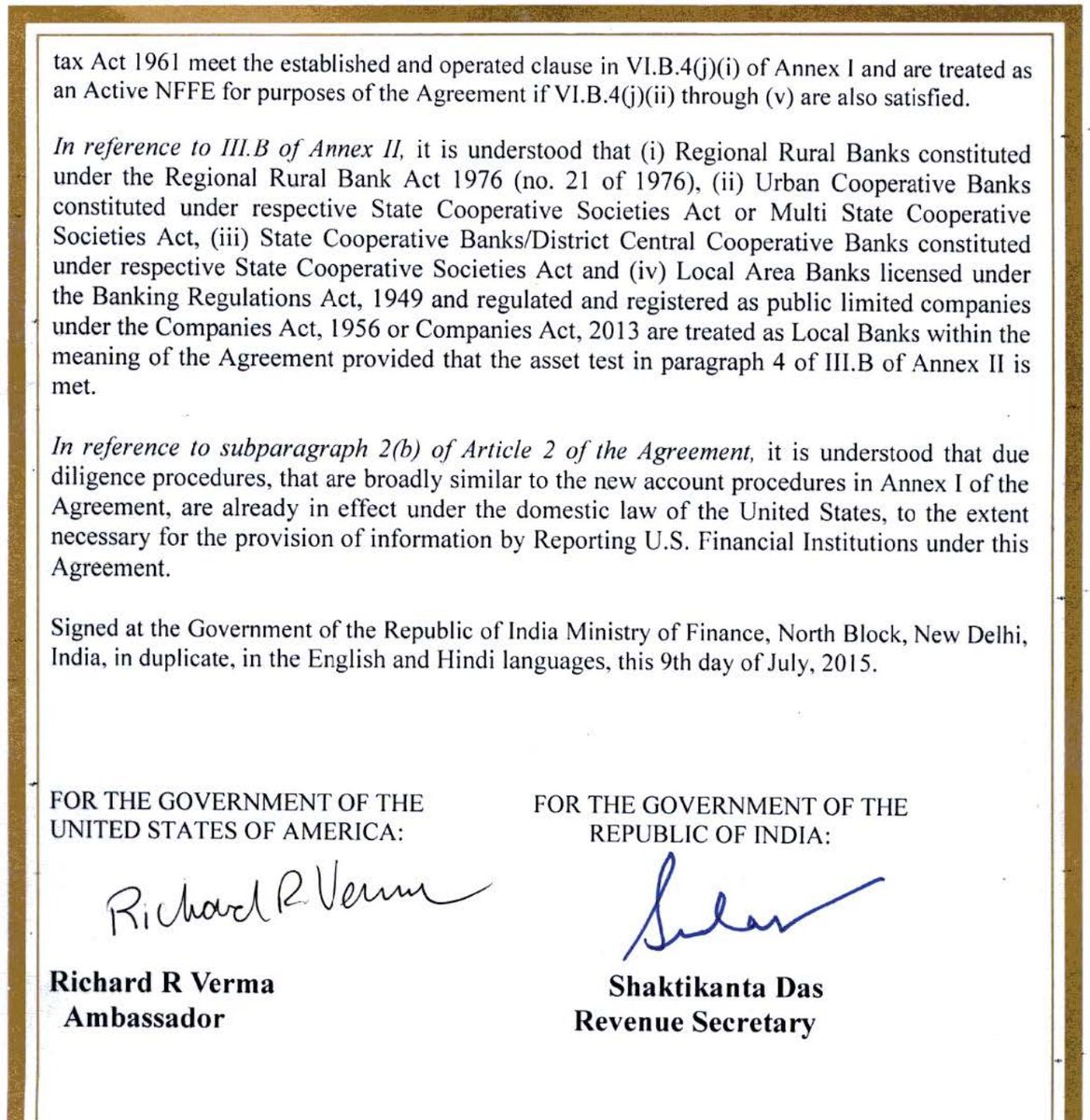 The agreement to improve international tax compliance and to implement the Foreign Account Tax Compliance Act ( #FATCA) was signed by Shaktikanta Das (now Governor, RBI) and Richard Verma, the then US Ambassador to India  https://www.treasury.gov/resource-center/tax-policy/treaties/Documents/Understanding-India.pdf |  @AnupamSaraph  @sanjana_krishn