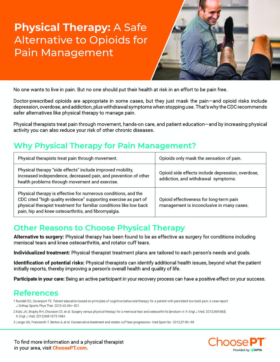 Physical therapy is a safe alternative to opioids for pain management. Find out why. Via American Physical Therapy Association (APTA) @APTAtweets 
#ChoosePT"