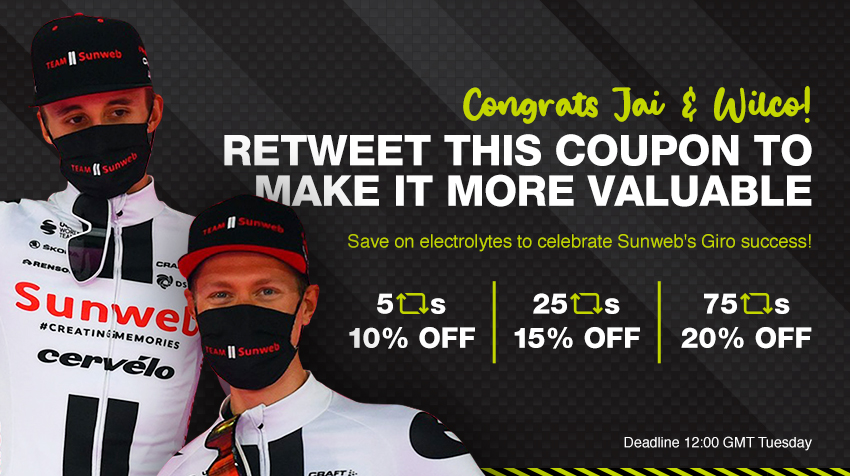 precisionfandh's tweet photo. What a performance by @TeamSunweb's @JaiHindley &amp; @W1lcokelderman at #giroditalia2020 😍. Save on electrolytes to celebrate! The more RTs this post gets before midday (UK) tomorrow, the bigger the discount. Check back tomorrow afternoon for the code... https://t.co/yfJiLmdHH6