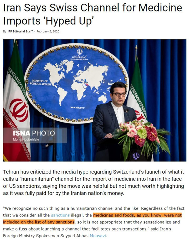 2)Toossi claims U.S. sanctions depriving Iranians of medicineReminders for Al Jazeera & other MSM outlets:-Iran's Foreign Ministry spox: "medicine & food, as you know, were not on any sanctions"-Iran's state media confirm food/medicine not sanctioned-Iran rejected int'l aid