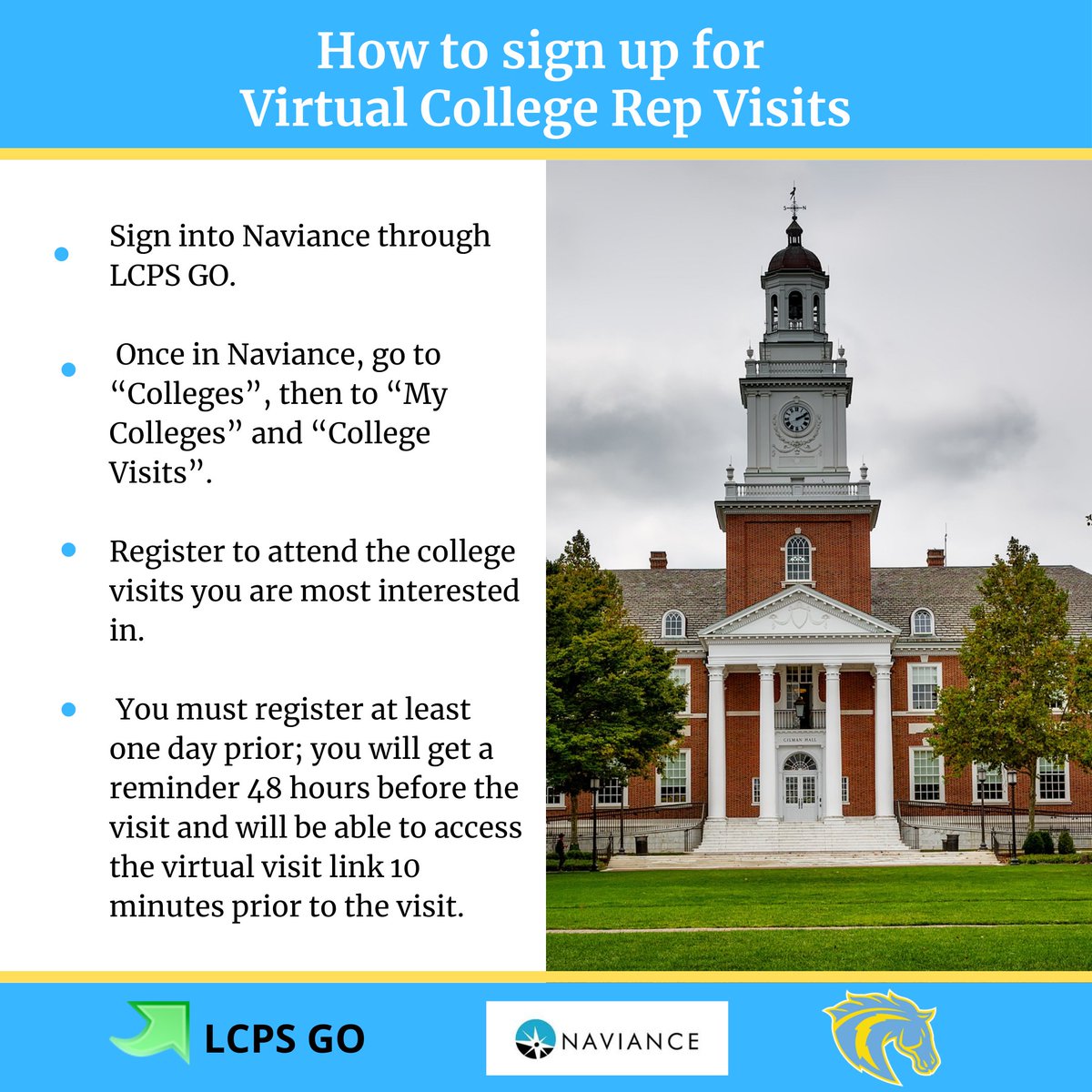 Virtual College Visit for 11th grade students.  Register in Naviance. Wednesday, October 28
12:20 PM – Syracuse University
12:20 PM – Maryland Institute College of Art