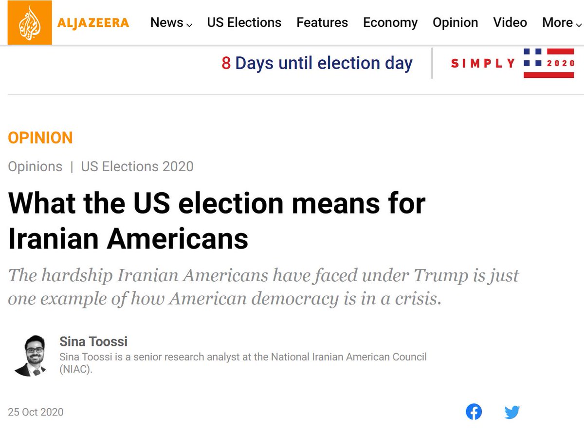 THREAD1) @AJEnglish has provided a platform for  @SinaToossi, a member of  #Iran’s lobby group  @NIACouncil, to push Tehran’s talking points in a column aiming to influence U.S. elections & rush to the support of an Iran-linked candidate in Texas.