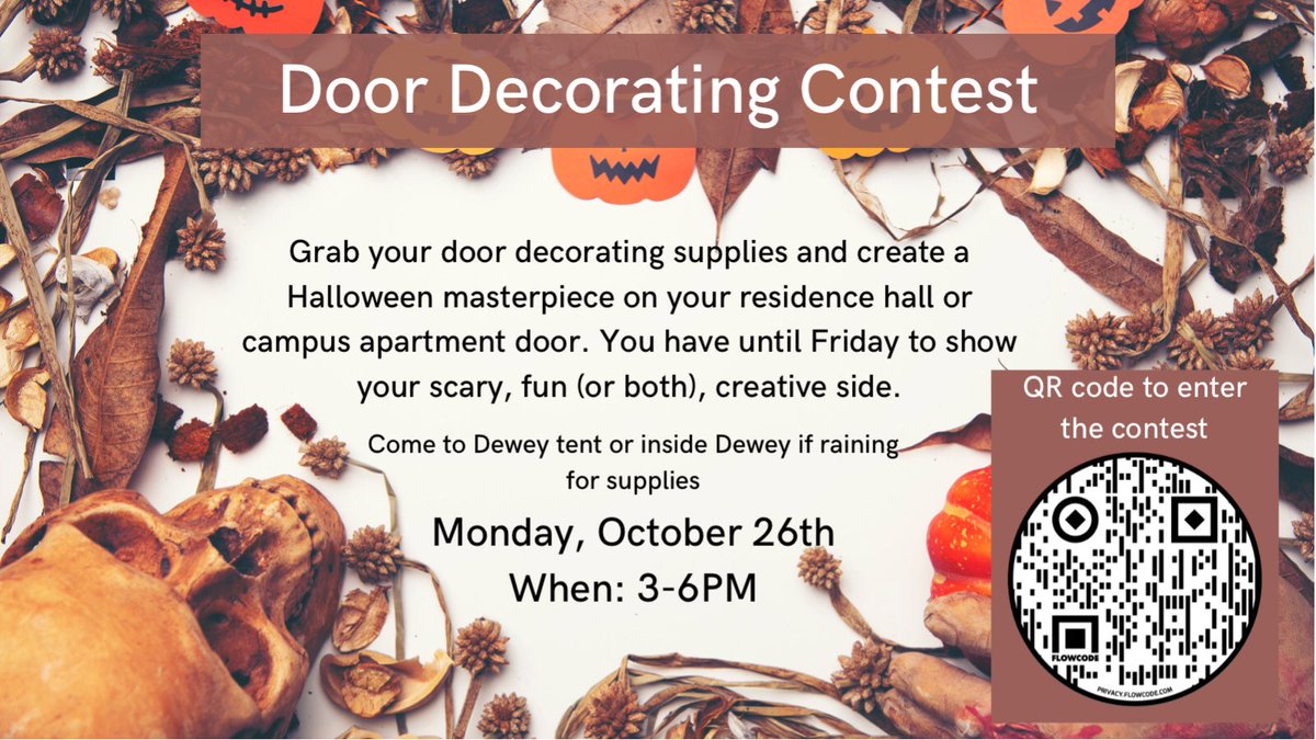Halloween week starts off with door decorations. Grab supplies today from 3-6 pm from Dewey and decorate. Contest will go until Friday. Have fun with it!!