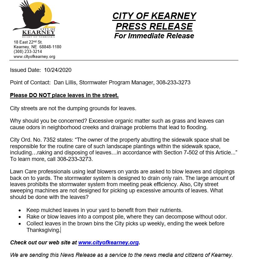Daniel Lillis (@kearneyswmp) on Twitter photo Please review the following press release regarding the proper disposal of leaves. Hint: They should NOT be placed in the street. <a href="/CityofKearney/">City of Kearney, NE</a> <a href="/KearneyHub/">Kearney Hub</a> <a href="/NTVNEWS/">NTV News</a> <a href="/1340KGFW/">1340 KGFW</a> <a href="/KearneyParknRec/">KPR</a> <a href="/UNLExtension/">Nebraska Extension</a> <a href="/NeFSMA/">NeFSMA</a> <a href="/KACCNebraska/">Kearney Area Chamber of Commerce</a> Please review the following press release regarding the proper disposal of leaves. Hint: They should NOT be placed in the street. <a href="/CityofKearney/">City of Kearney, NE</a> <a href="/KearneyHub/">Kearney Hub</a> <a href="/NTVNEWS/">NTV News</a> <a href="/1340KGFW/">1340 KGFW</a> <a href="/KearneyParknRec/">KPR</a> <a href="/UNLExtension/">Nebraska Extension</a> <a href="/NeFSMA/">NeFSMA</a> <a href="/KACCNebraska/">Kearney Area Chamber of Commerce</a>