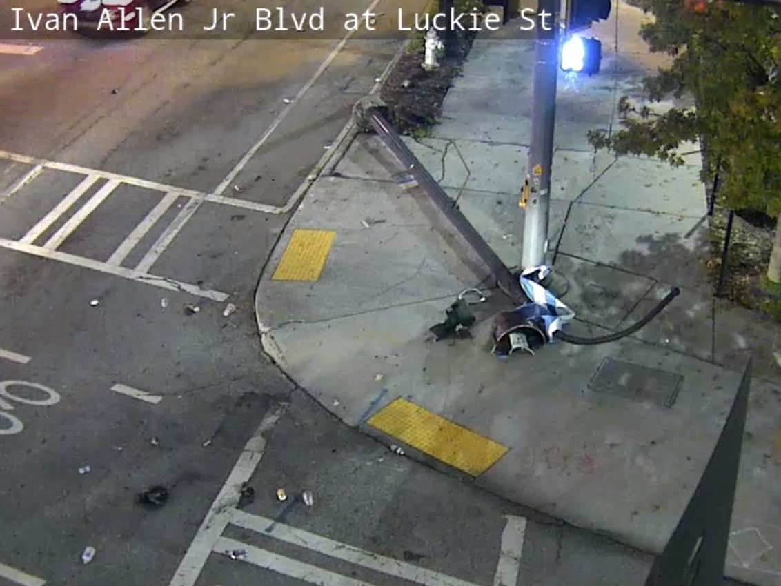 Imagine this pole was a cyclist. It could easily have been one. This is a reminder of why major roads need more than a white stripe as a bike lane. This is why police chases don't belong on city streets (APD doesn't chase anymore, but GA State Patrol still does).4/5