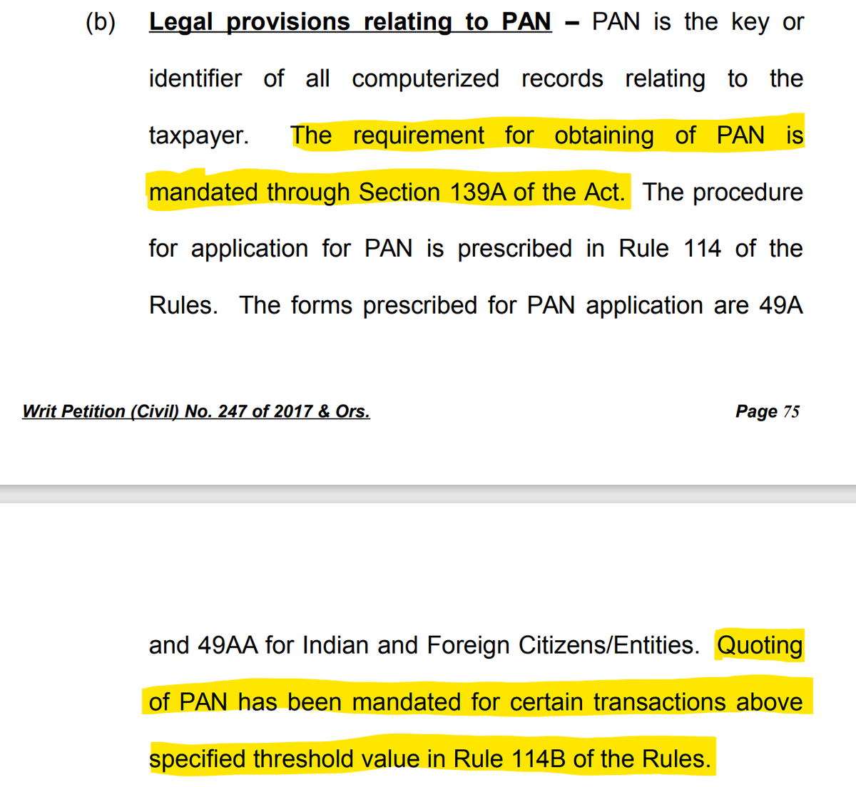 Quoting of  #PAN has been mandated for certain transactions above specified threshold value in Rule 114B of the Rules (Binoy Viswam v UoI and Ors 2017: p 75, para 58[b])  https://www.uidai.gov.in/images/Pan-Aadhaar_Linking.pdf |  @AnupamSaraph  @sanjana_krishn