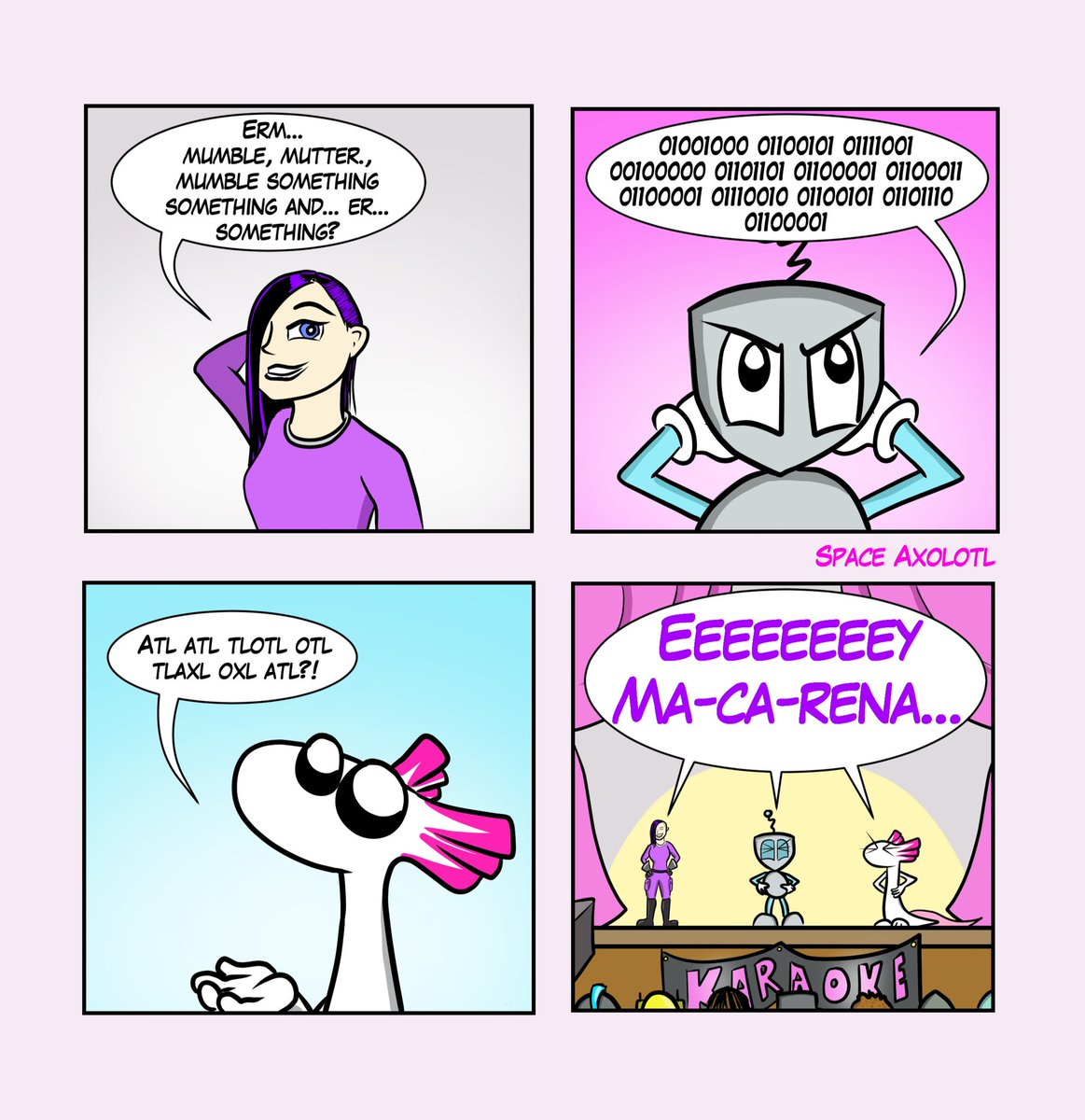 Does *anyone* know the real words?! #axolotl #comicstrip #webcomic #comicart #comics #makingcomics #comic #space #spaceaxolotl #geek #scifi #macarena #axolotls #90stunes #earworm