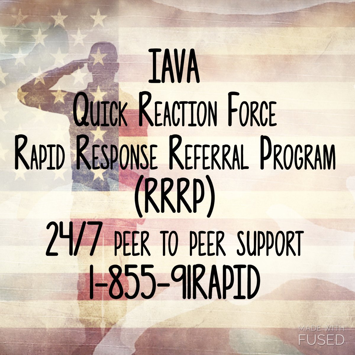 4/ IAVA’s Quick Reaction Force, a Rapid Response Referral Program, provides confidential 24/7 peer to peer support, comprehensive care management and resource connections.To get connected to a Veteran Care Manager today, please call 1-855-91RAPID.