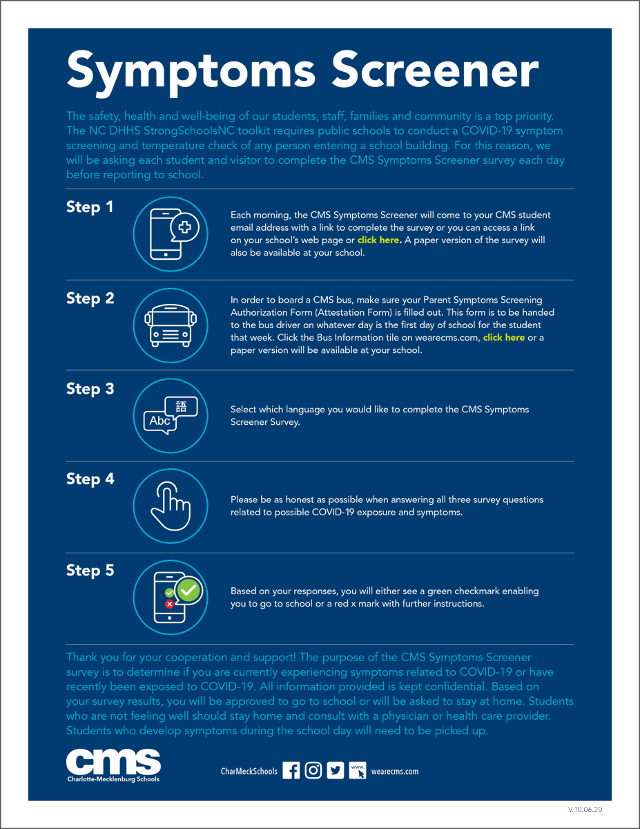 As we prepare for in-person instruction, we will be asking each student and visitor to complete the CMS Symptoms Screener survey each day before reporting to school. See a step-by-step guide in multiple languages and learn more here:  cms.k12.nc.us/backtoschool/P…