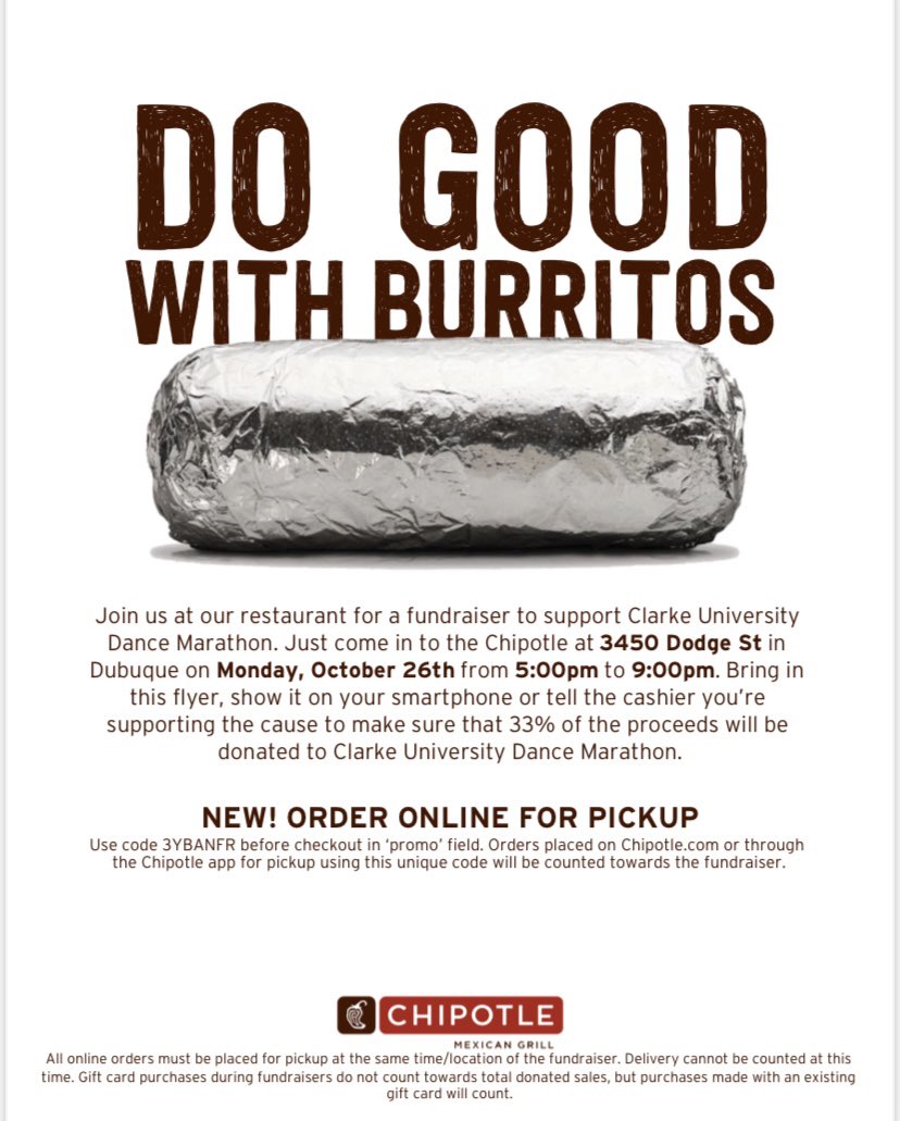 Help us kick off Dance Marathon week with a full tummy tonight from 5-9pm at our local Chipotle!! Bring this post with you and enjoy your burrito knowing you are giving back to our miracle kiddos!! Happy Miracle Kiddo Monday!! As Always, FTK! 💗🧡