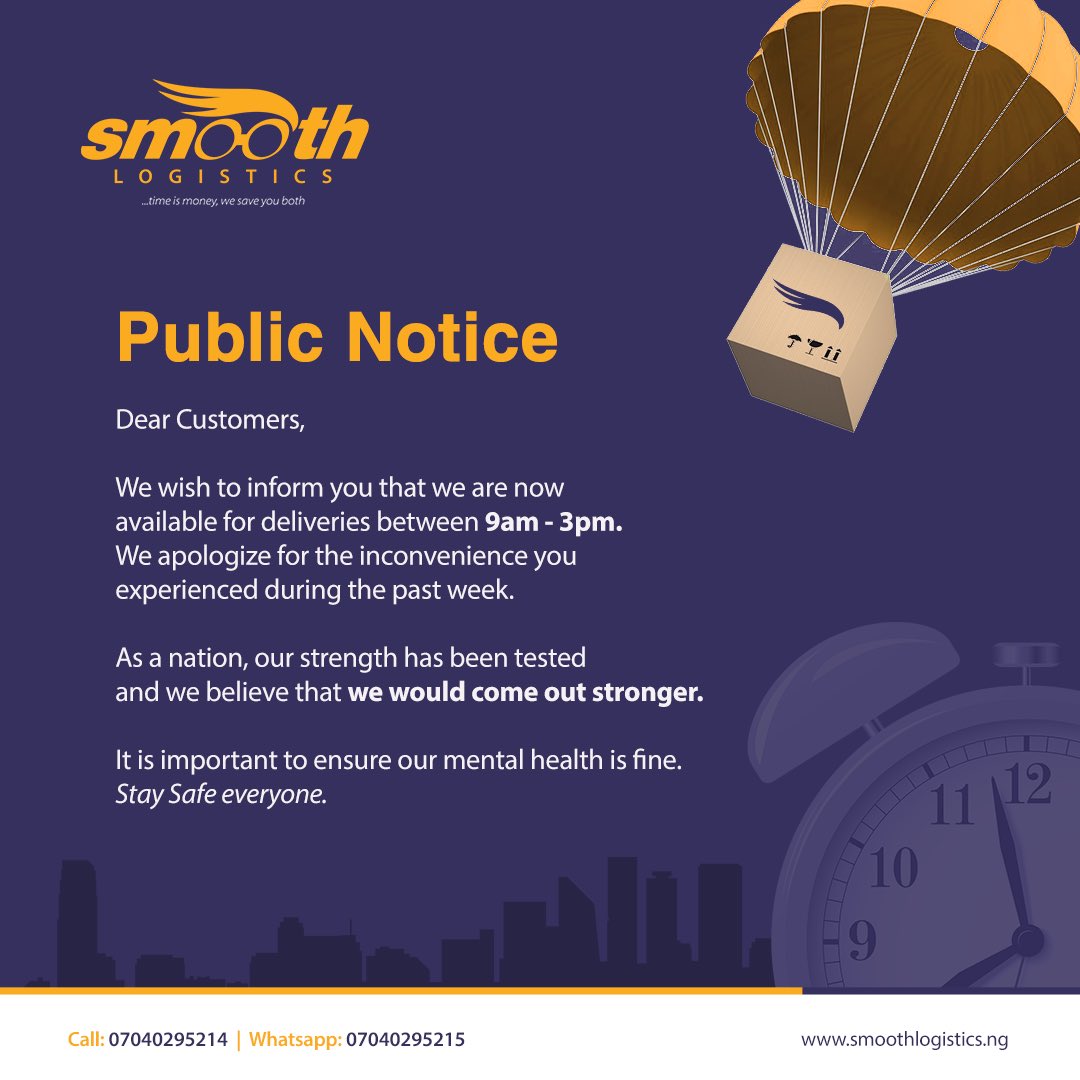 SmoothLogistics's tweet photo. Due to the curfew in Lagos, we would be available for deliveries between 9am - 3pm.
Please let’s all ensure to maintain a stable mental health.
Stay Safe everyone.
#delivery #deliveryservice #parceldelivery #logistics #smoothlogistics https://t.co/52XJvd7e78
